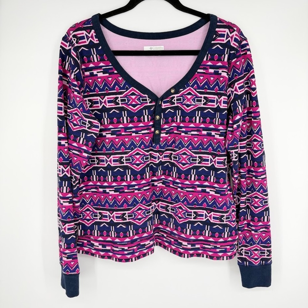 Columbia Holly Hideaway Henley Top Women XL Pink Aztec L/S Base Layer Outdoor